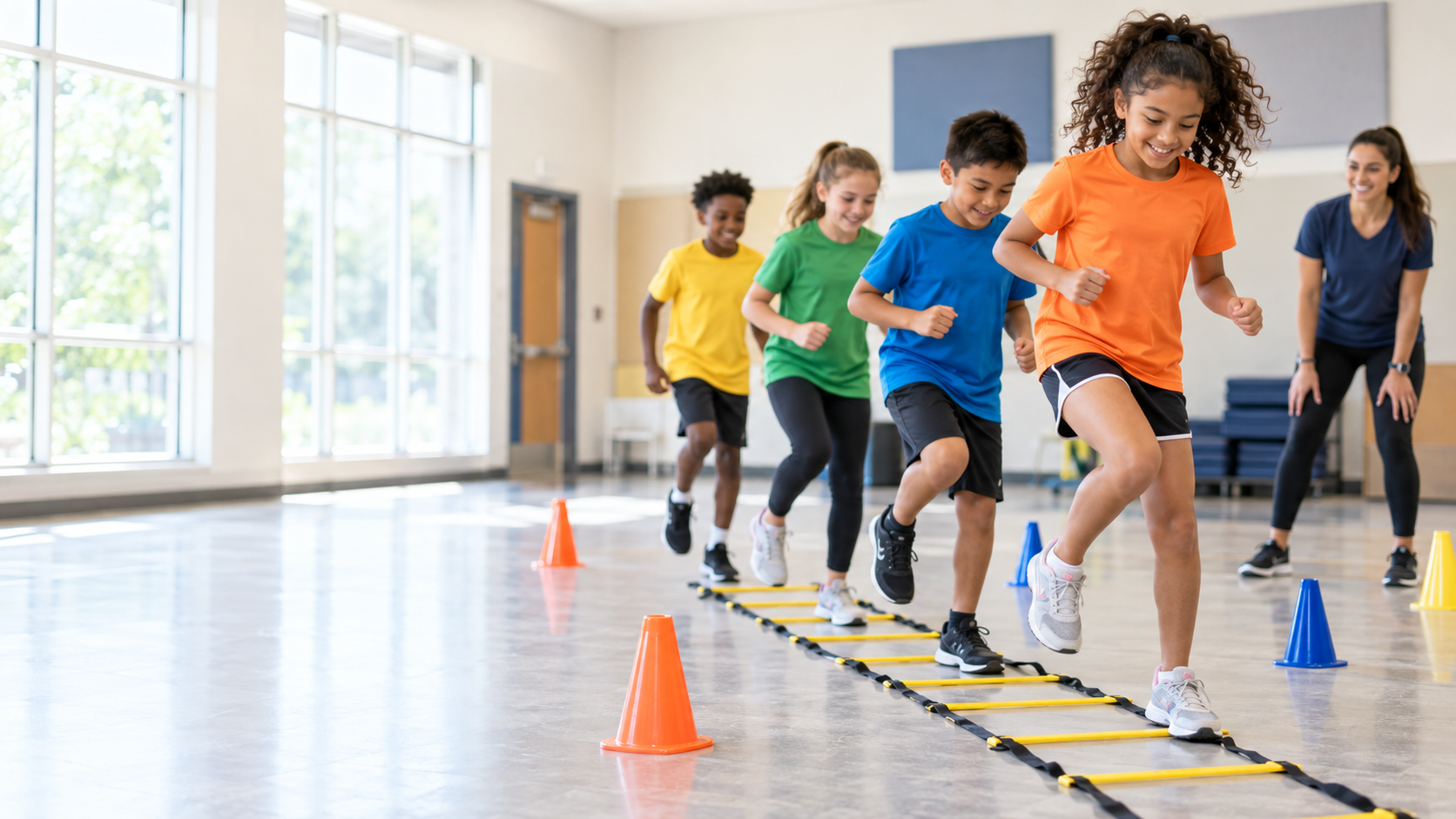 Children participating in a supervised indoor agility and cardio class