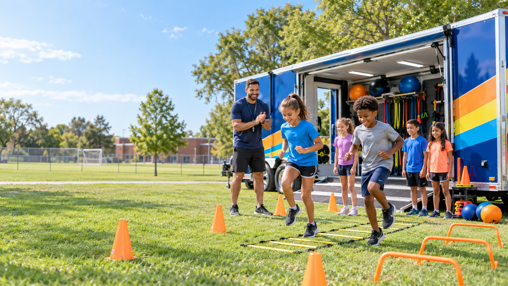 Children taking part in a supervised fitness activity beside a mobile fitness trailer